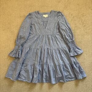 Pomander Place Kenzo Blue Chambray Long Sleeve Tiered Dress Mini Cotton Sz L